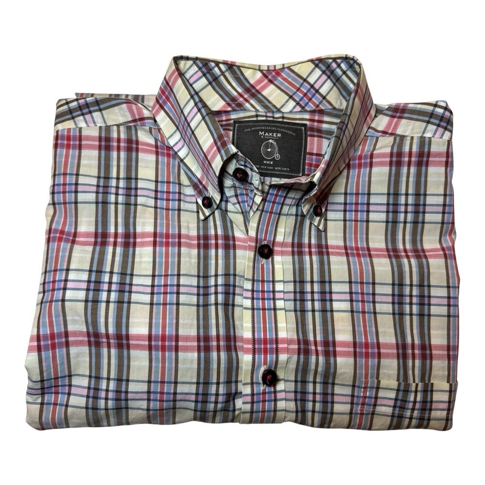 MAKER‎ & COMPANY Men’s Shirt Colorful Plaid Button Preppy Golf Cotton Casual L